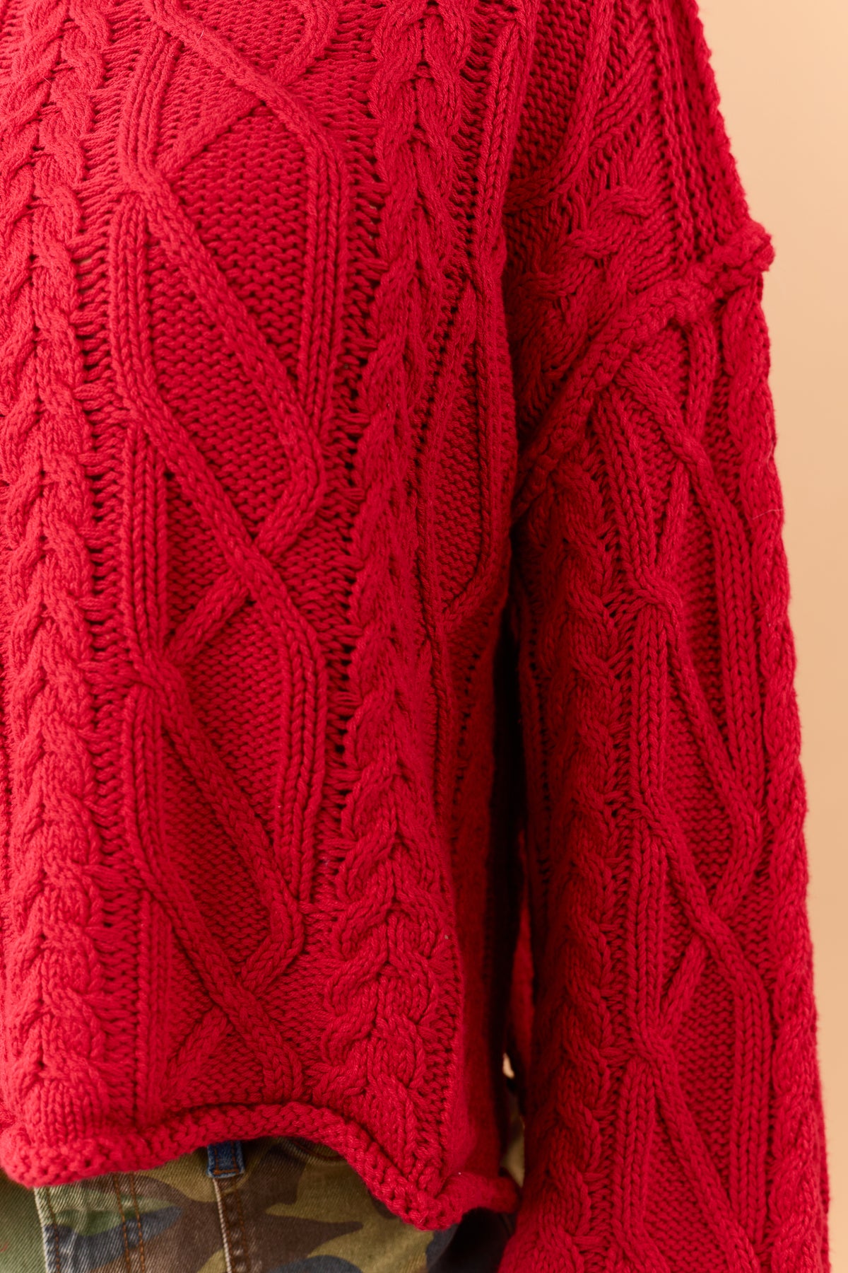 Red Cable Knit Rolled Trim Exposed Seam Sweater
