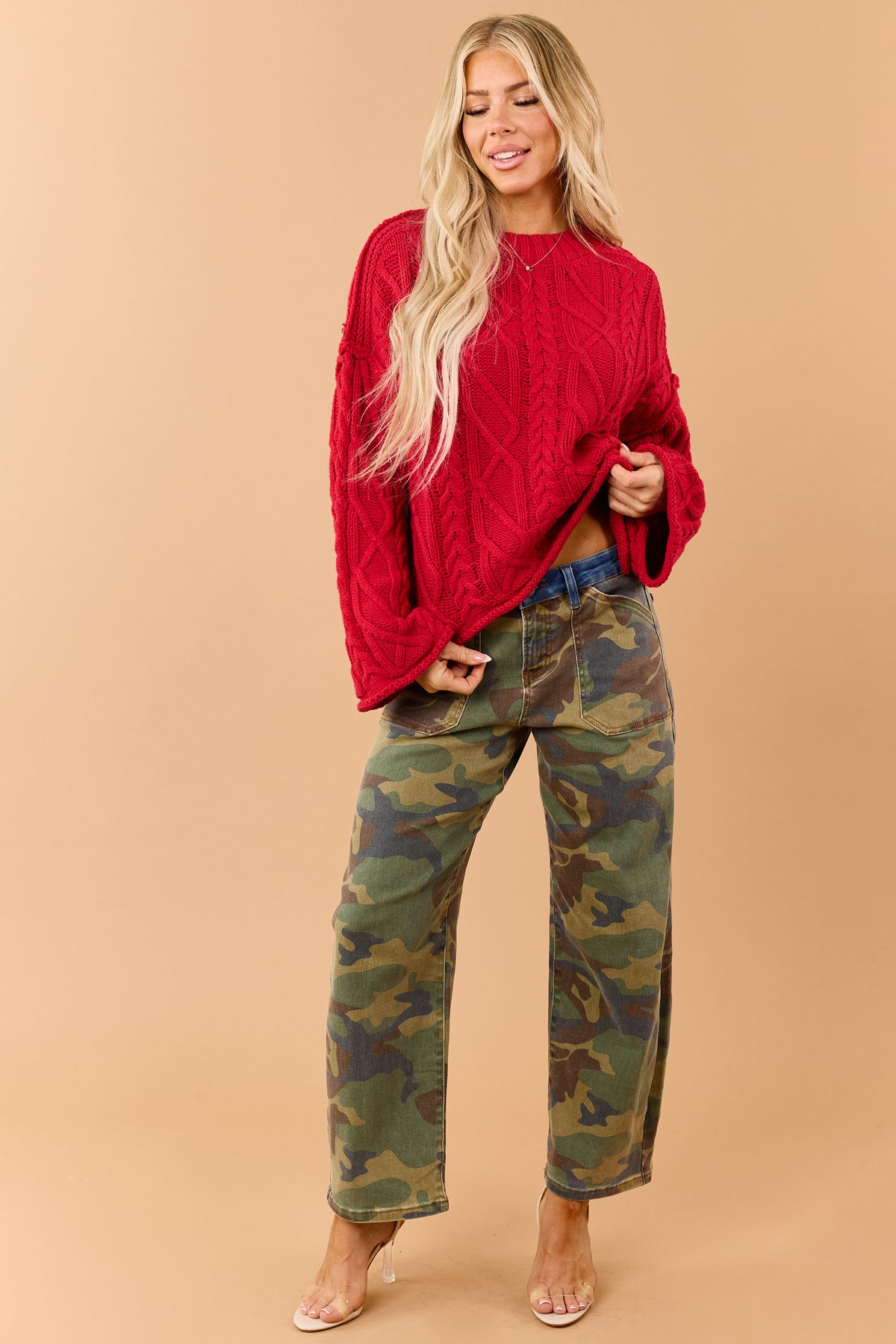 Red Cable Knit Rolled Trim Exposed Seam Sweater