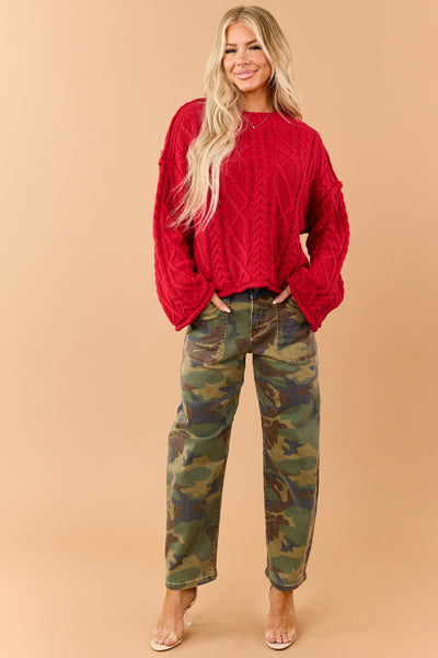Red Cable Knit Rolled Trim Exposed Seam Sweater
