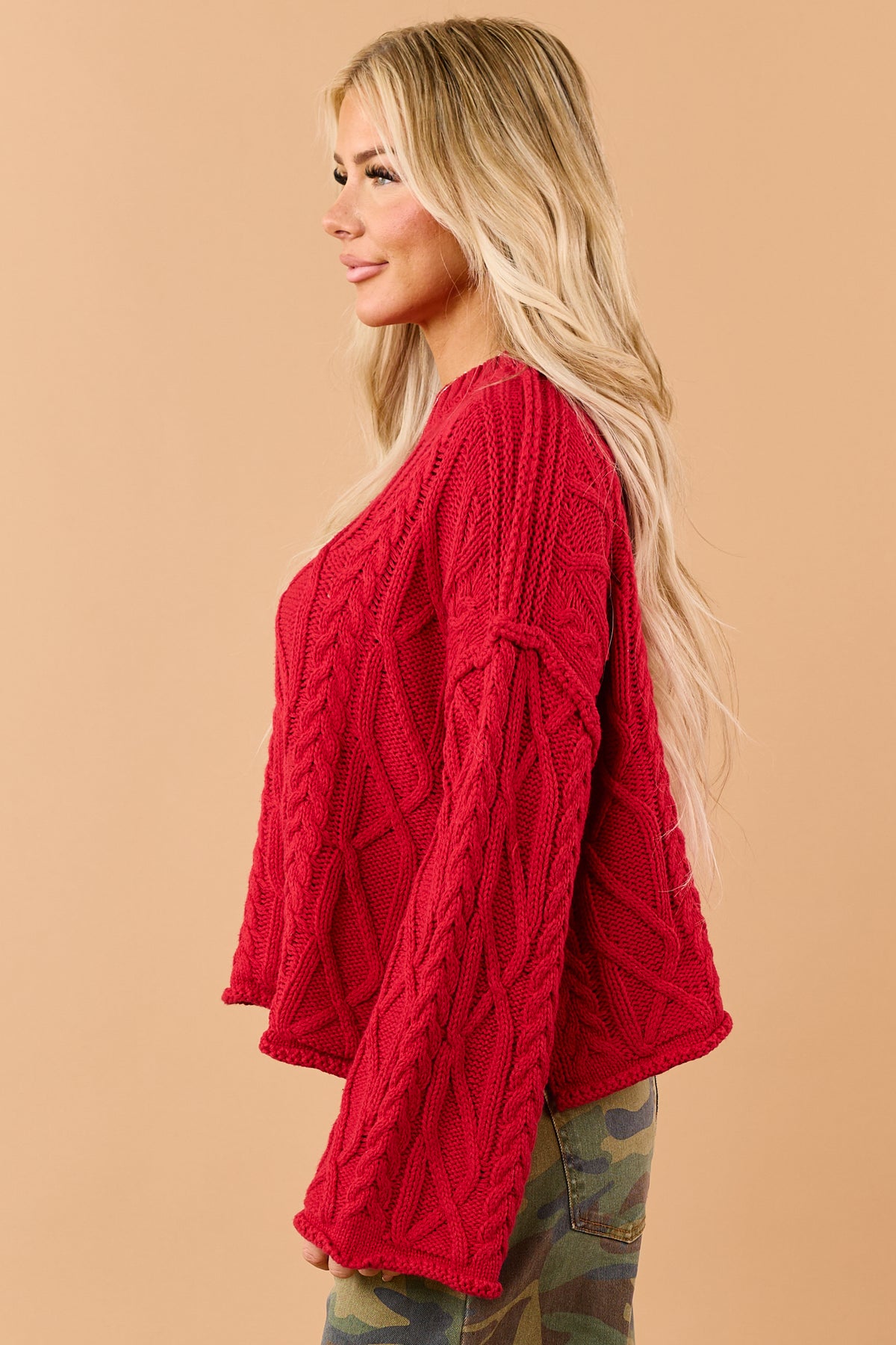 Red Cable Knit Rolled Trim Exposed Seam Sweater
