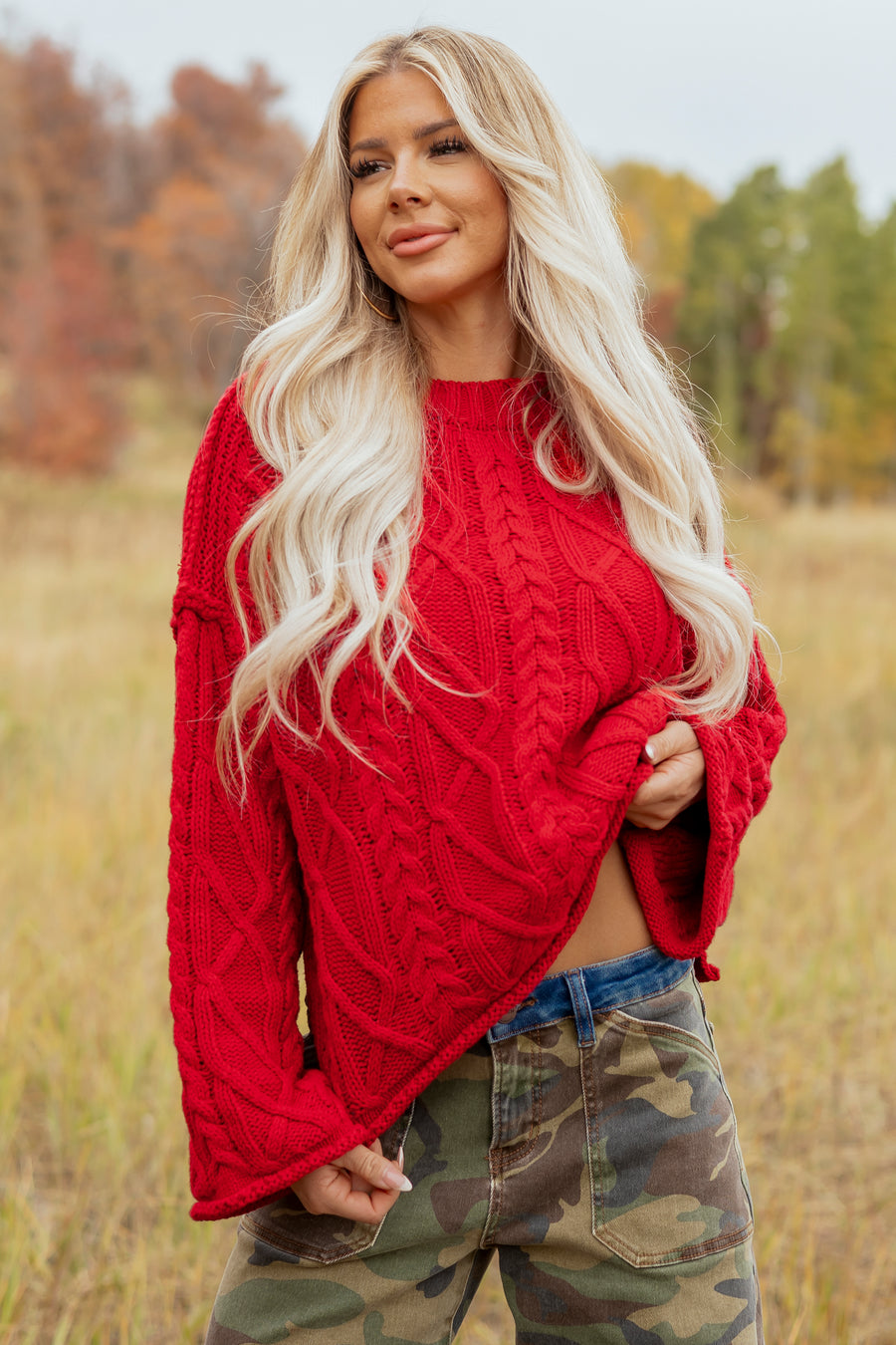 Red Cable Knit Rolled Trim Exposed Seam Sweater