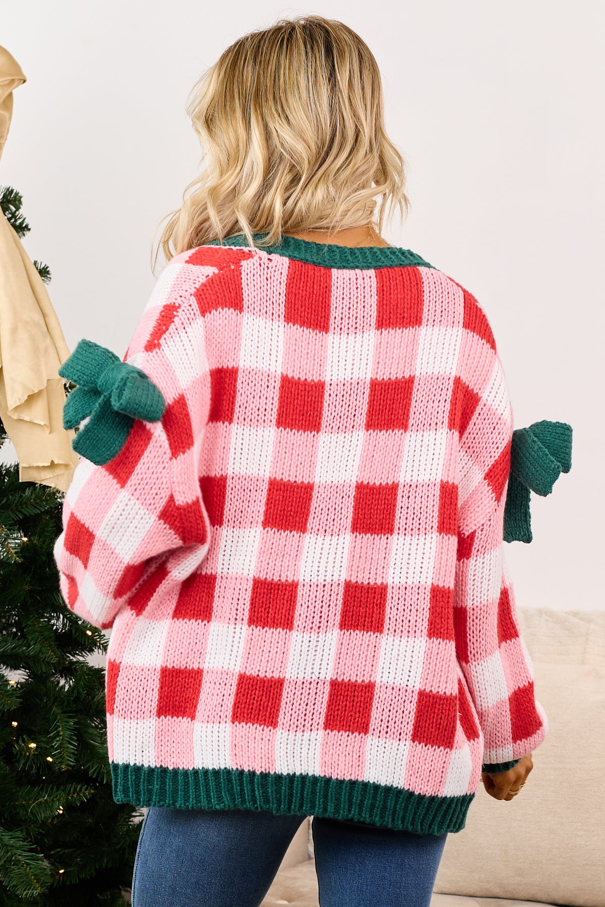 Red Checkered Bow Sleeve Open Front Sweater Cardigan