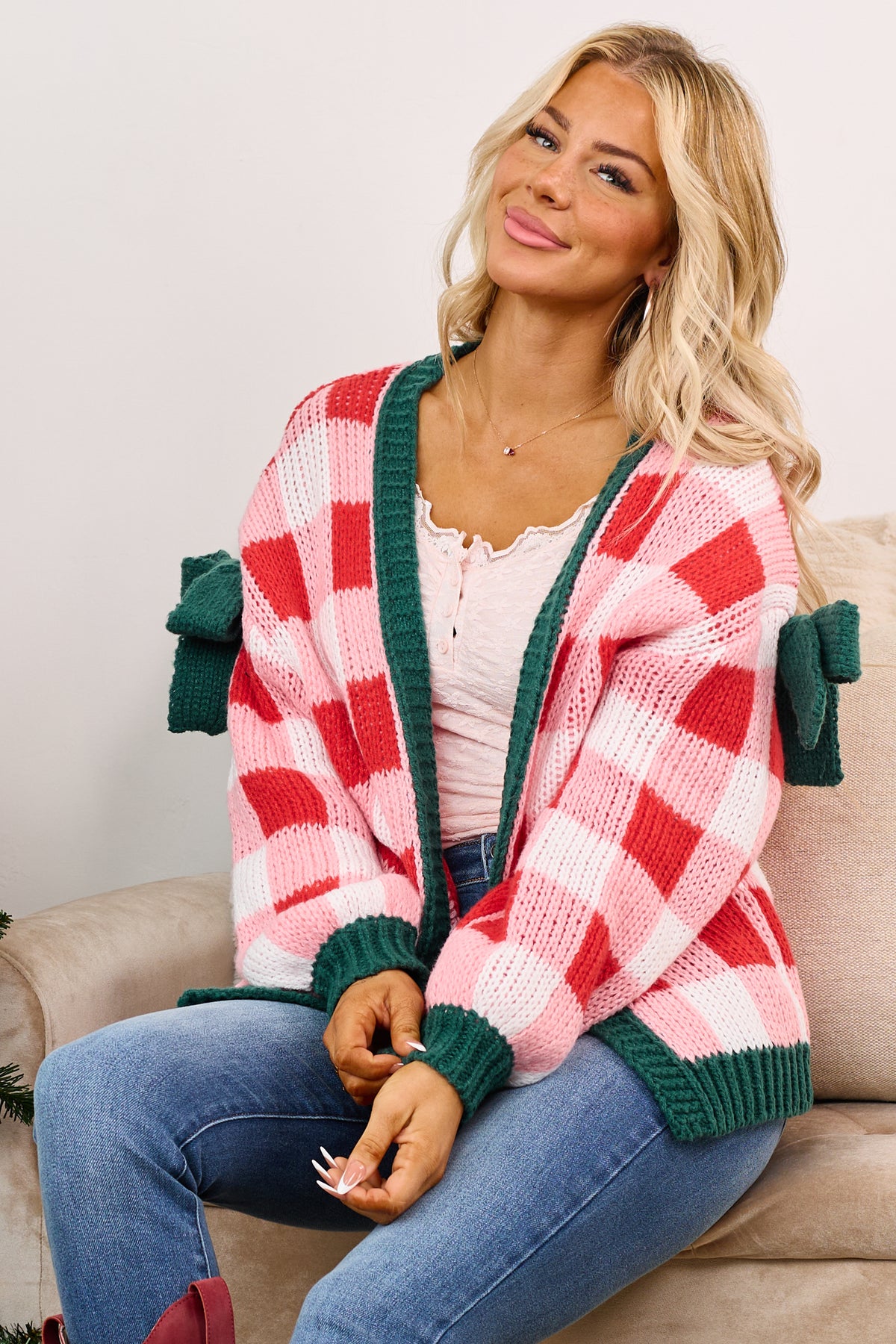 Red Checkered Bow Sleeve Open Front Sweater Cardigan