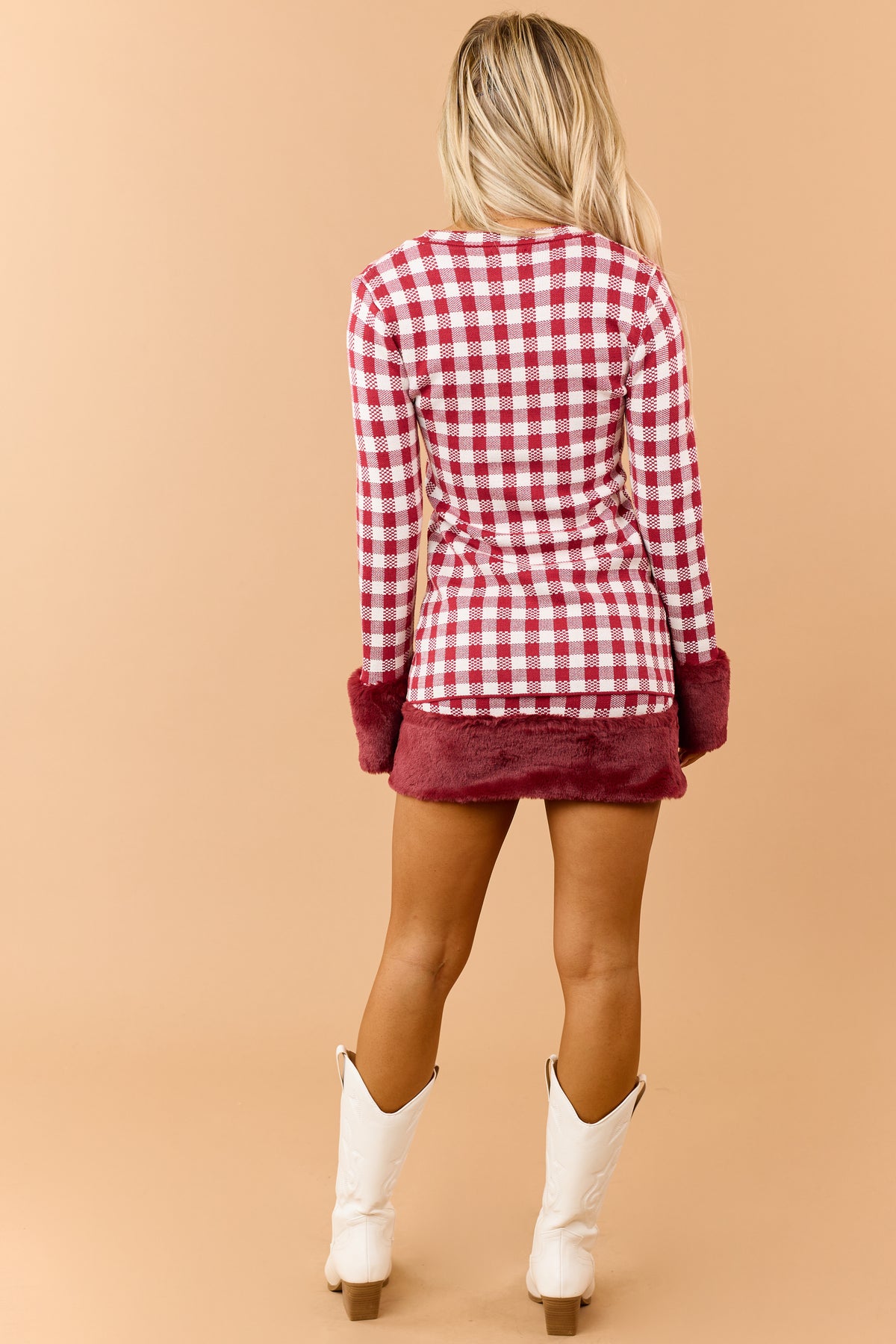 Red Checkered Faux Fur Trim Cardigan and Skirt Set