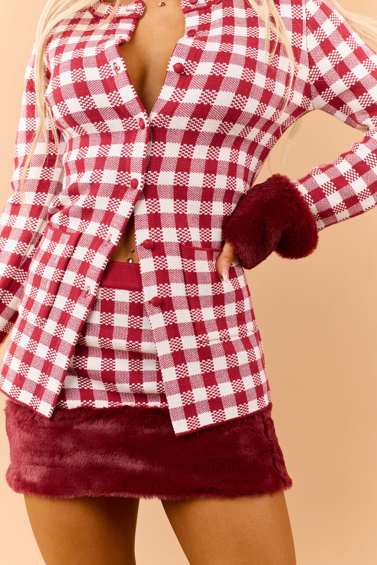 Red Checkered Faux Fur Trim Cardigan and Skirt Set