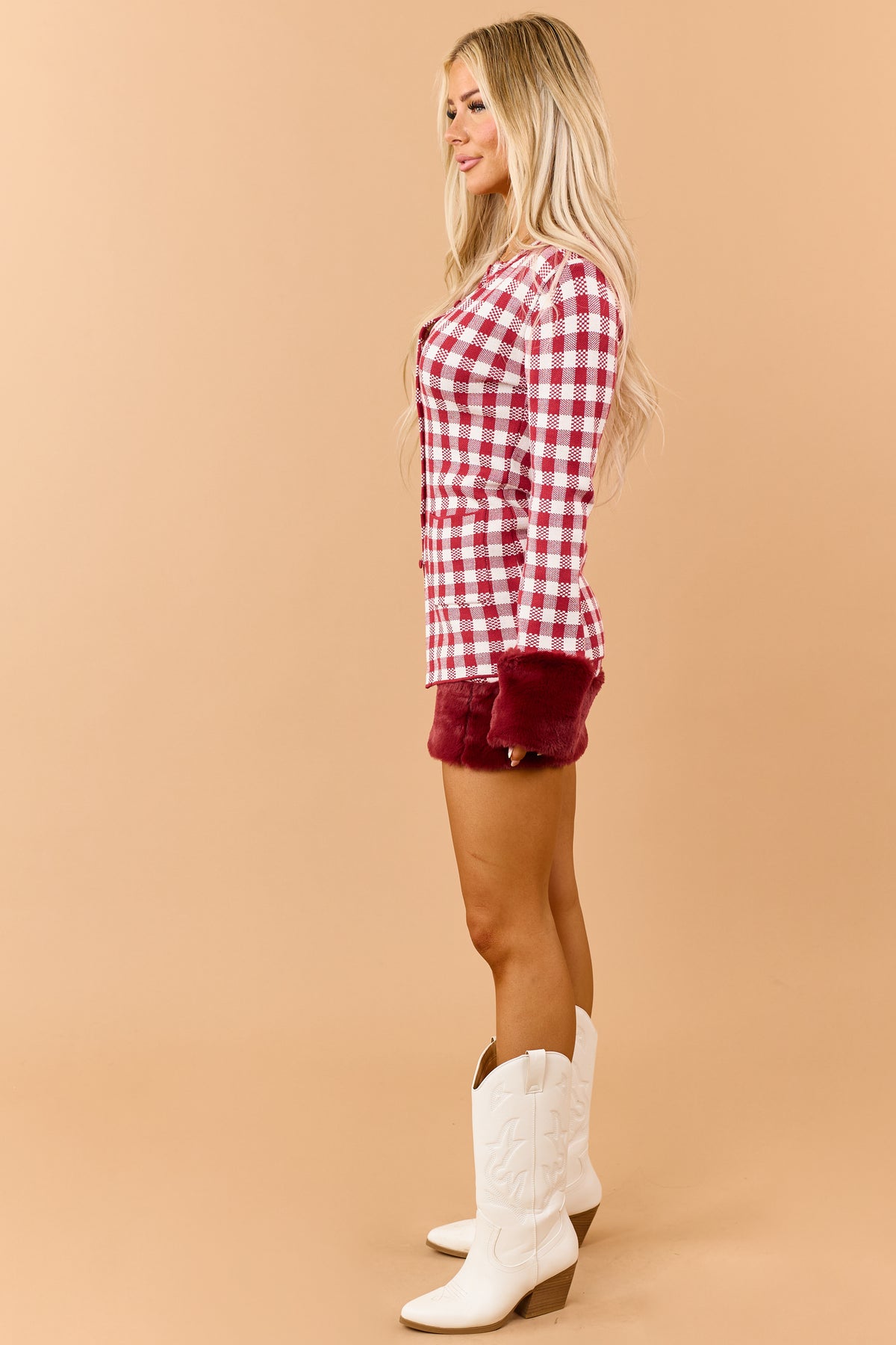 Red Checkered Faux Fur Trim Cardigan and Skirt Set