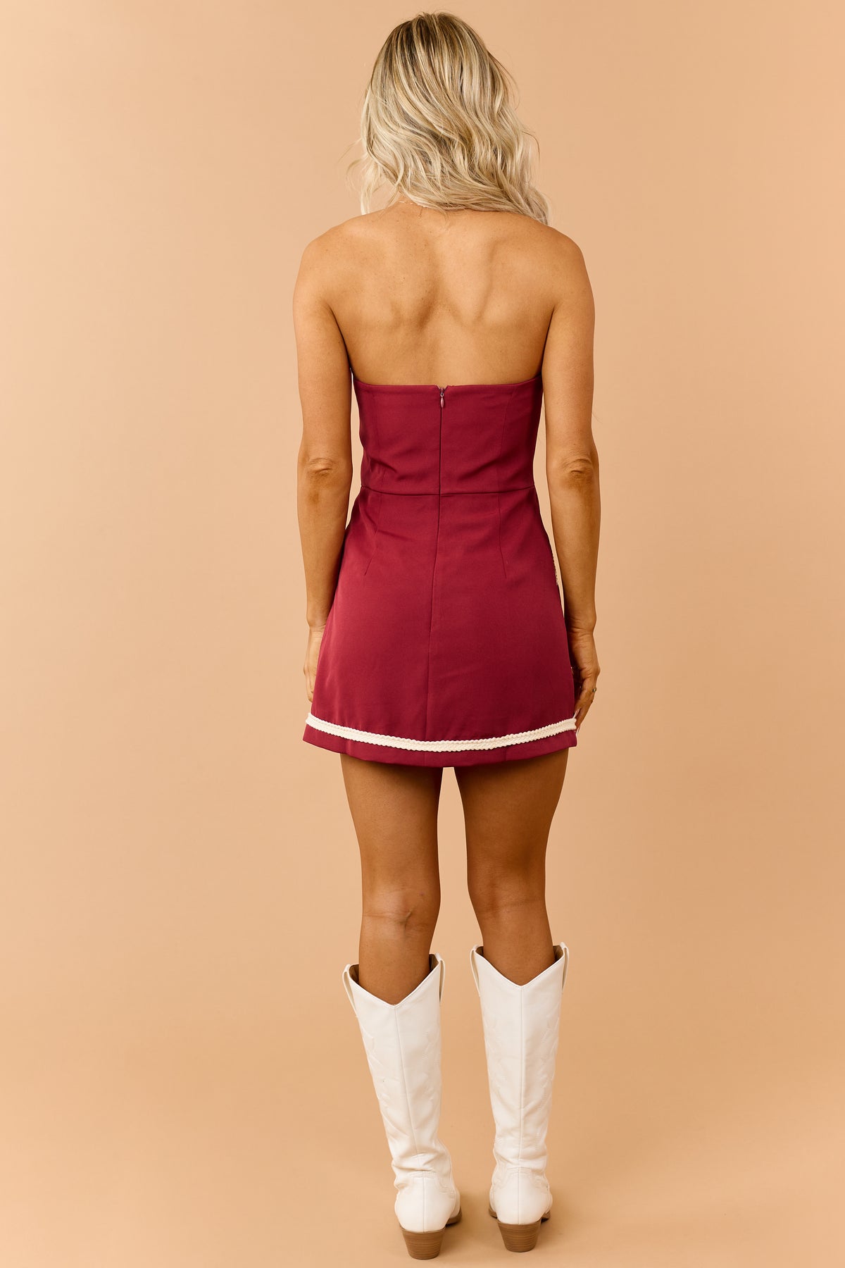 Red Contrast Cord Trim Strapless Dress Romper