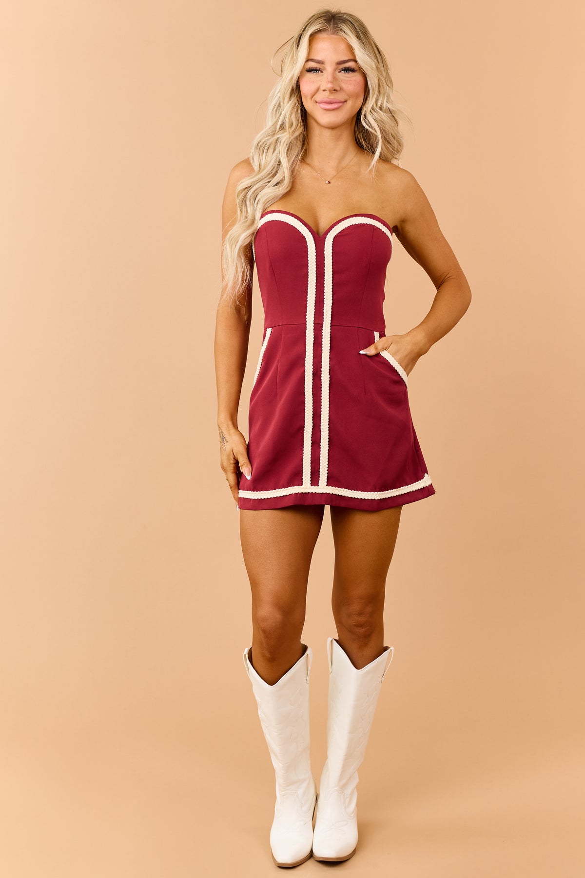 Red Contrast Cord Trim Strapless Dress Romper