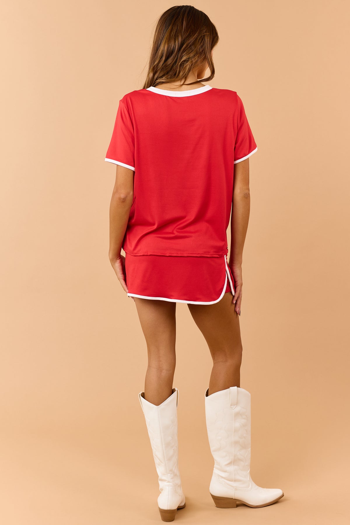 Red Contrast Trim Knit Top and Skort Set