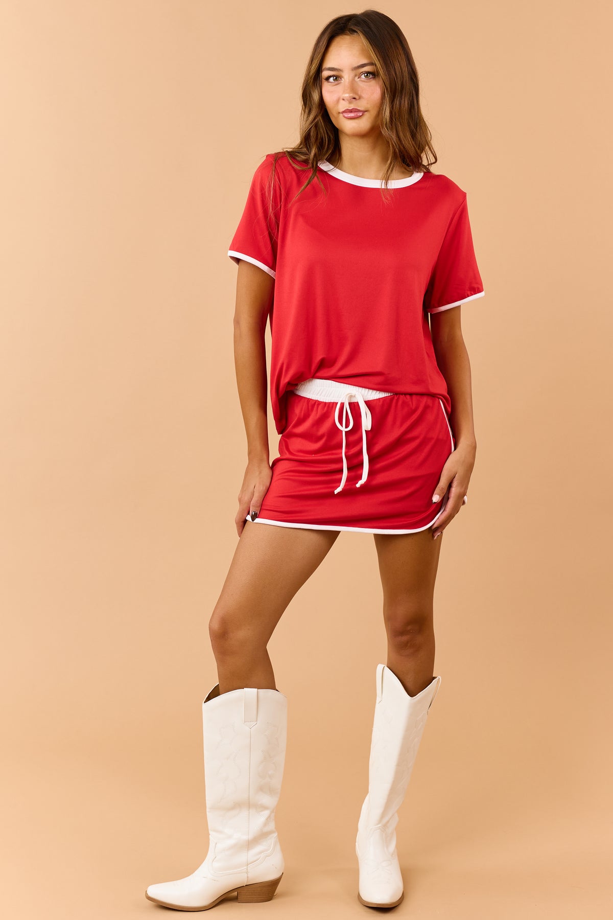 Red Contrast Trim Knit Top and Skort Set