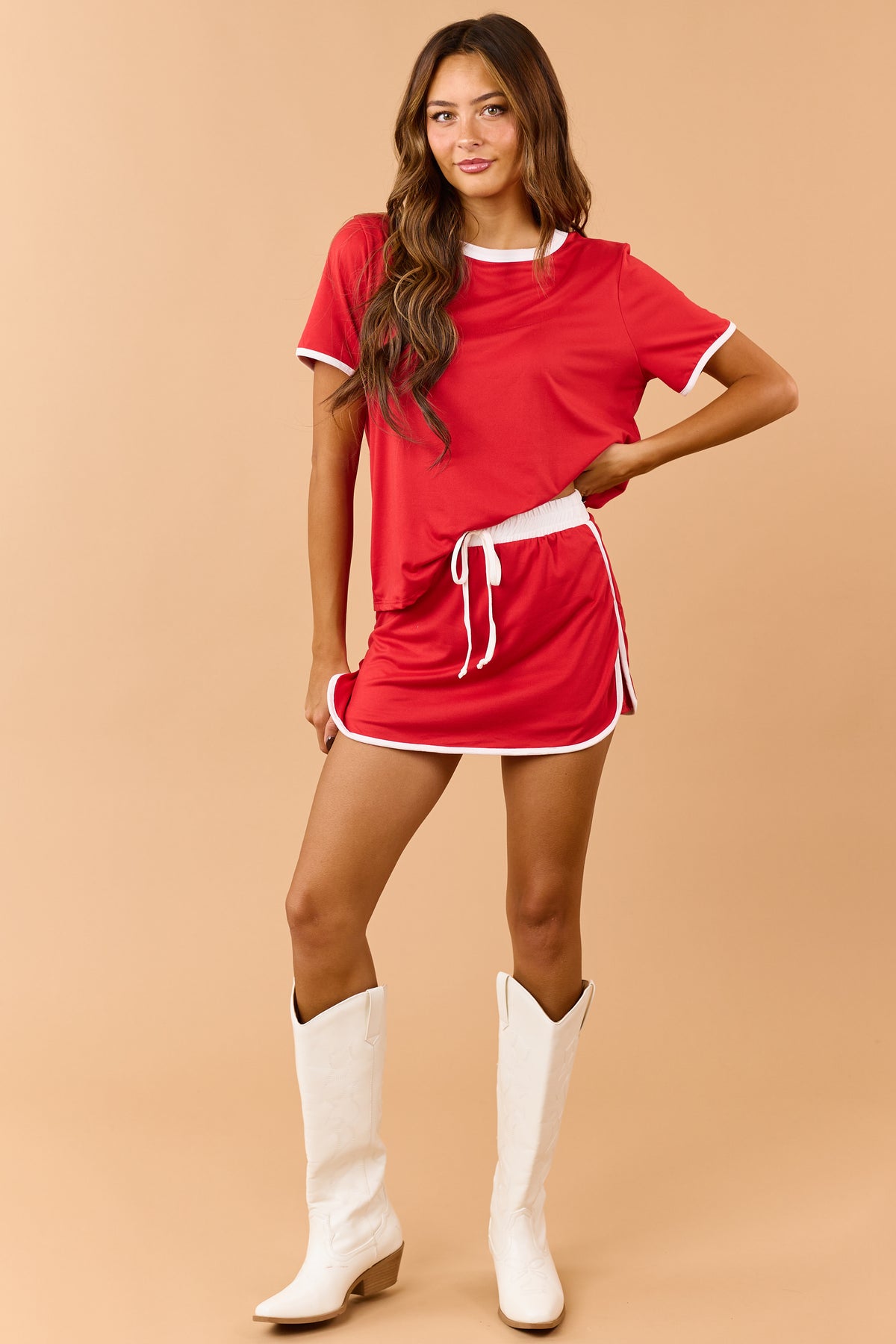 Red Contrast Trim Knit Top and Skort Set