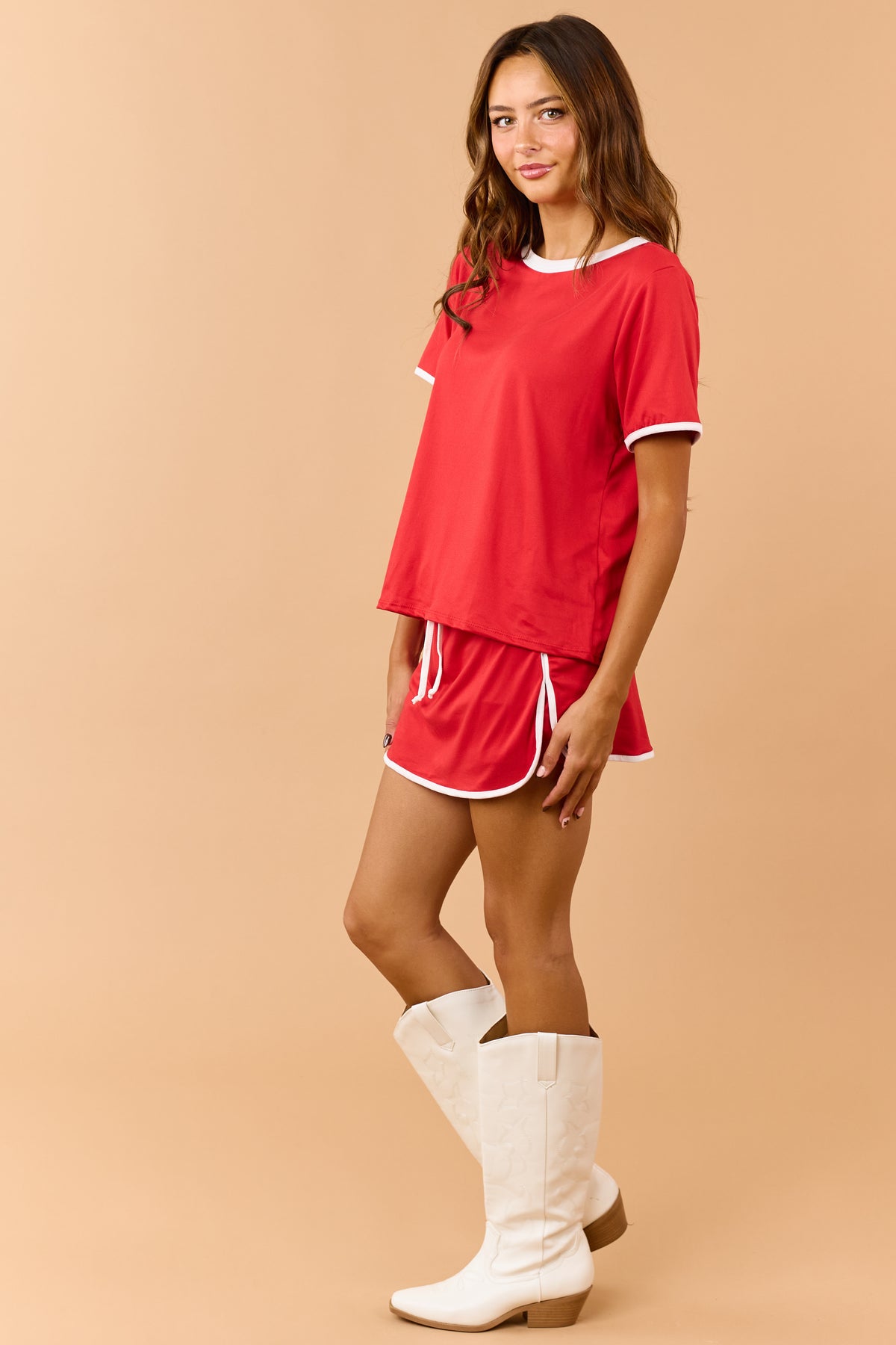 Red Contrast Trim Knit Top and Skort Set