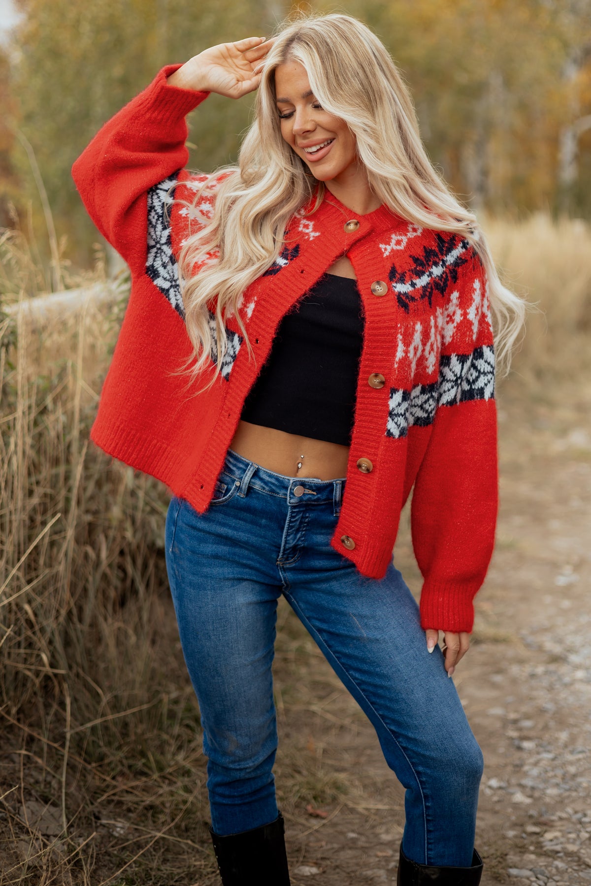 Red Fair Isle Button Down Long Sleeve Cardigan