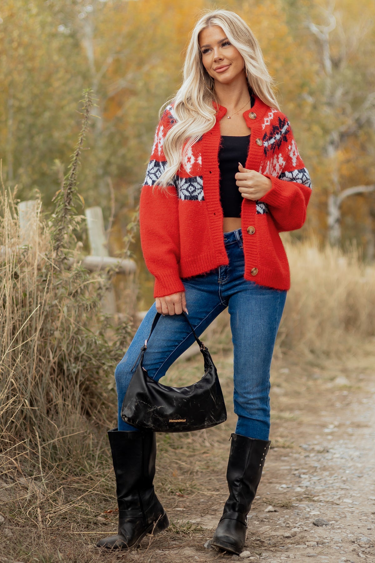 Red Fair Isle Button Down Long Sleeve Cardigan