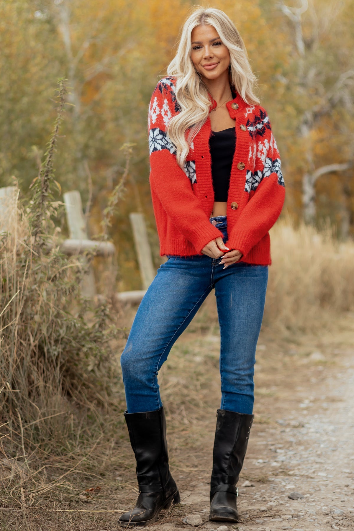 Red Fair Isle Button Down Long Sleeve Cardigan