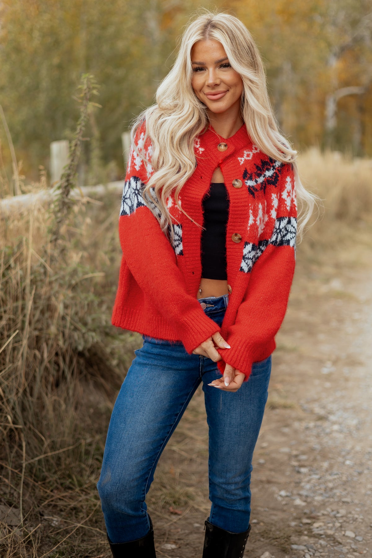 Red Fair Isle Button Down Long Sleeve Cardigan