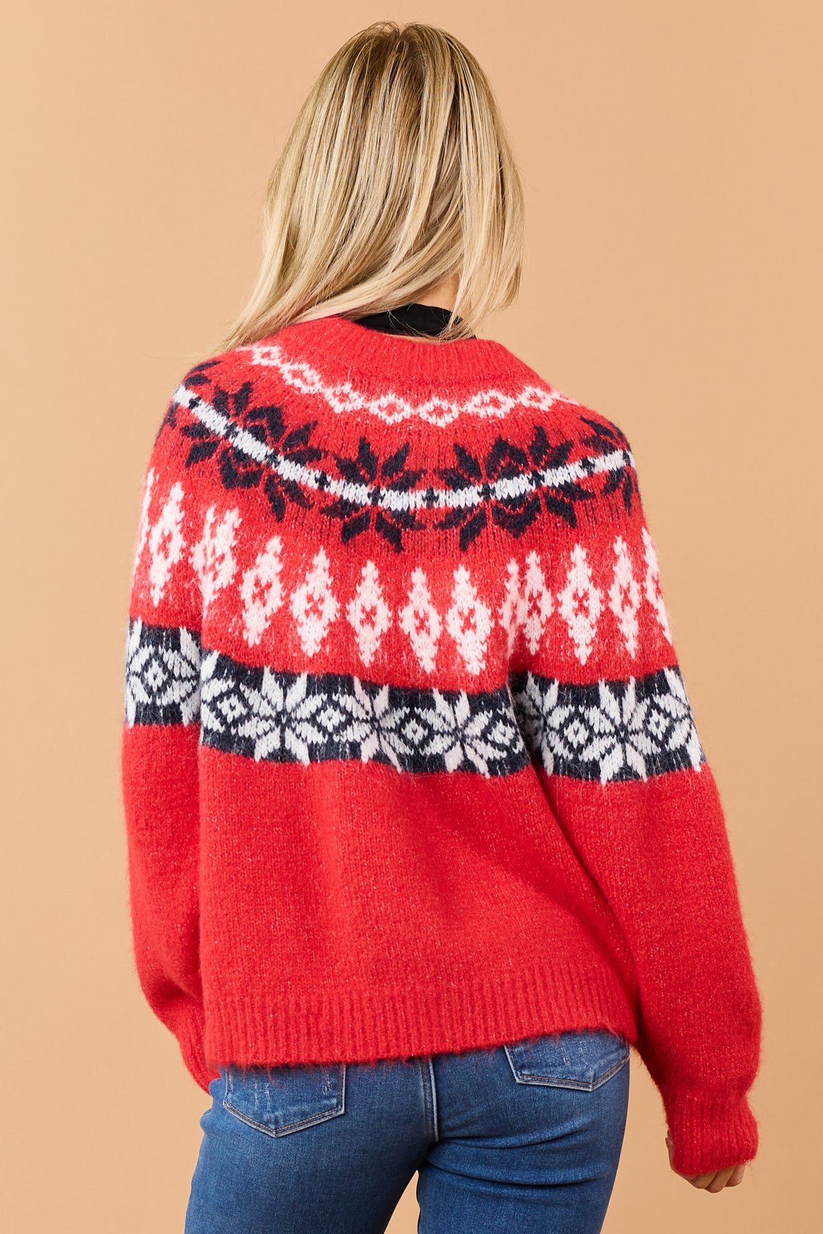 Red Fair Isle Button Down Long Sleeve Cardigan