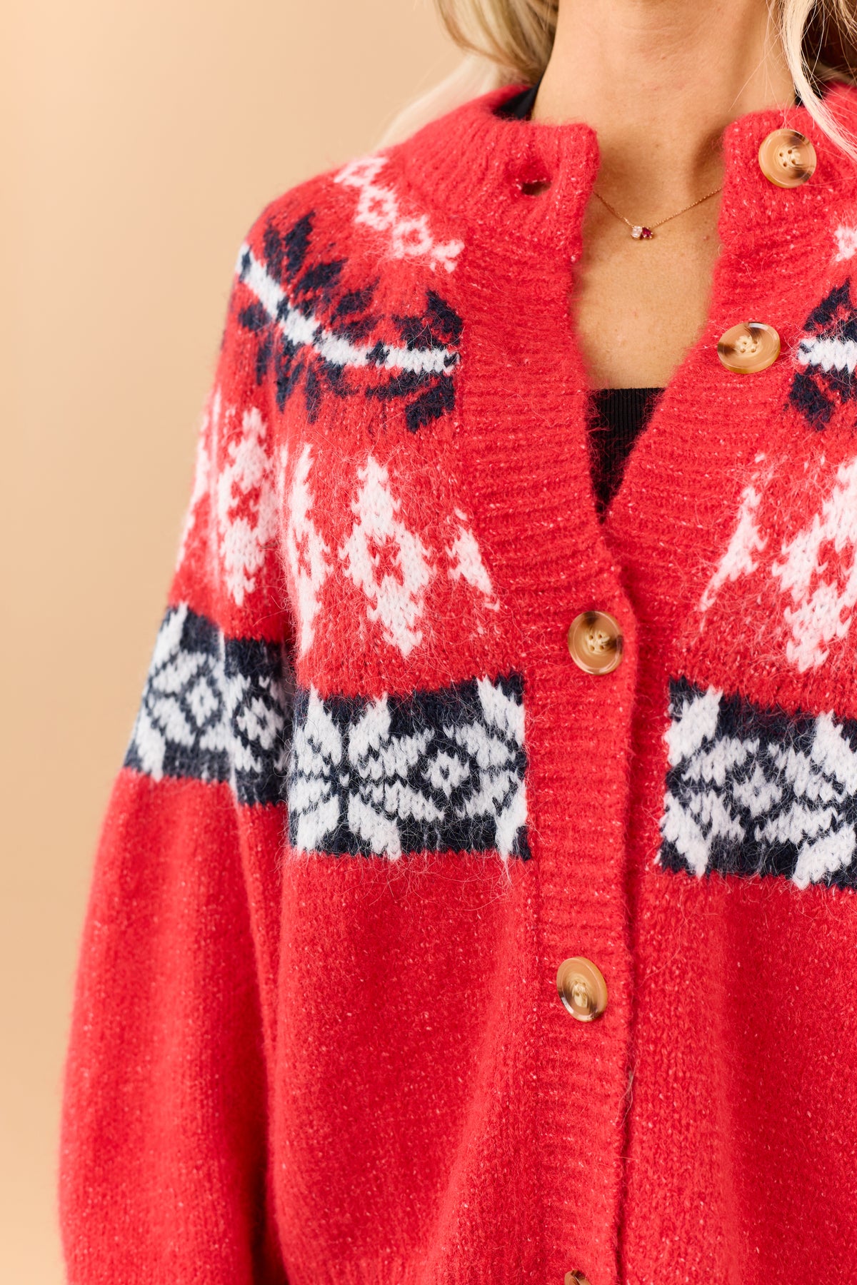 Red Fair Isle Button Down Long Sleeve Cardigan