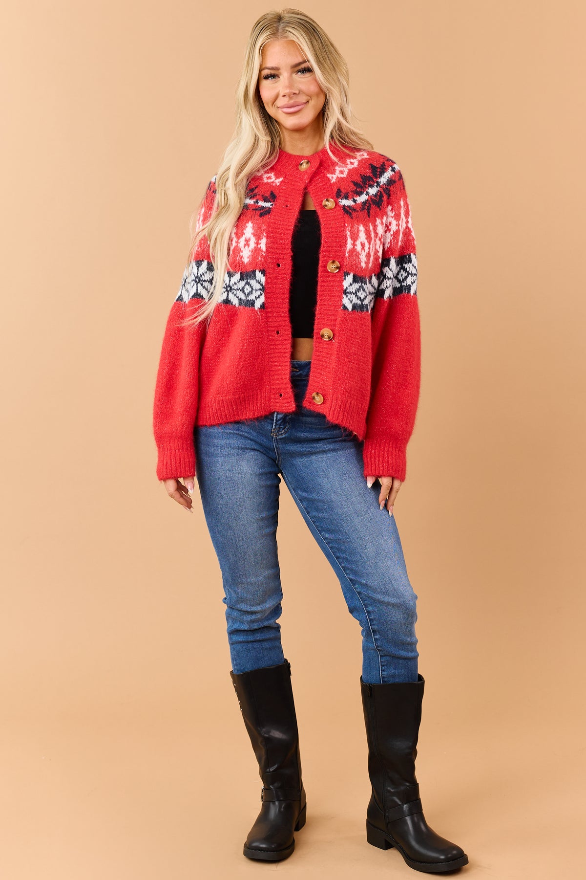 Red Fair Isle Button Down Long Sleeve Cardigan