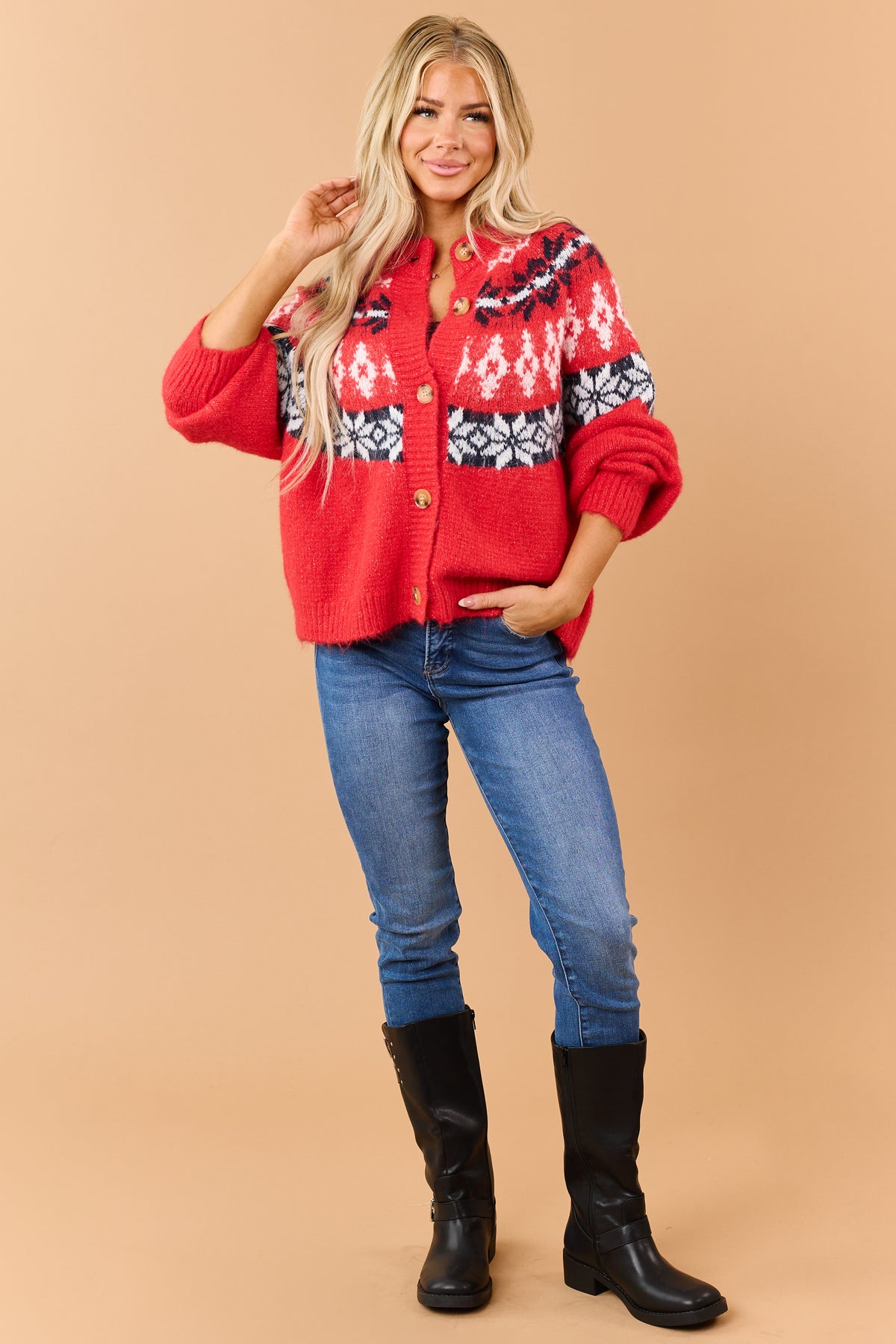 Red Fair Isle Button Down Long Sleeve Cardigan