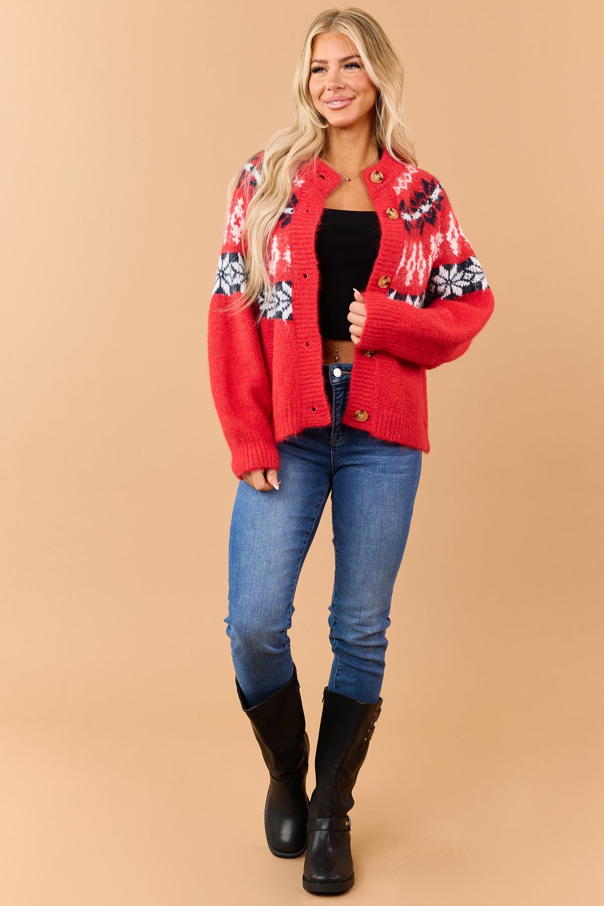 Red Fair Isle Button Down Long Sleeve Cardigan
