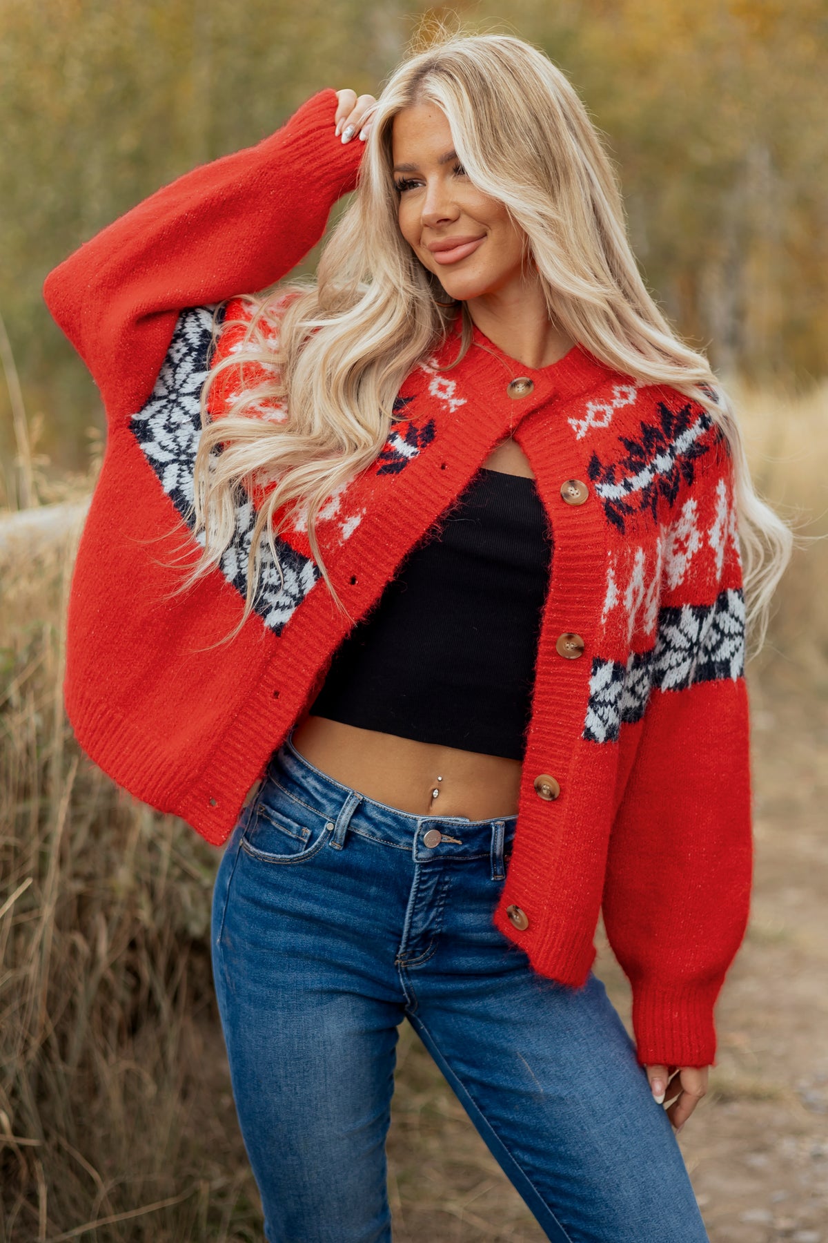 Red Fair Isle Button Down Long Sleeve Cardigan