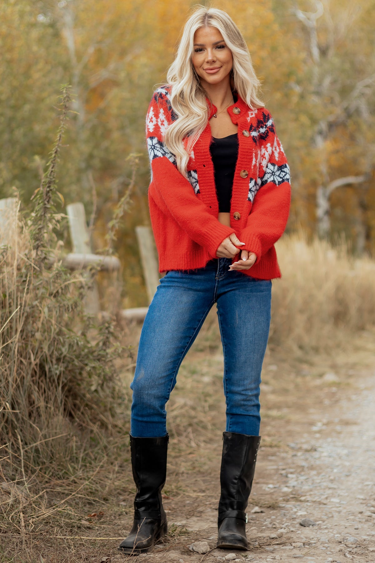 Red Fair Isle Button Down Long Sleeve Cardigan