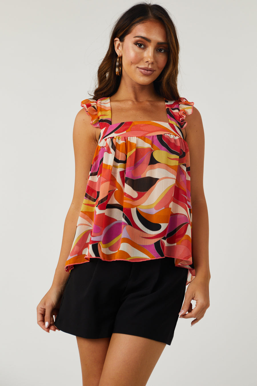 Red Multicolor Abstract Print Babydoll Blouse