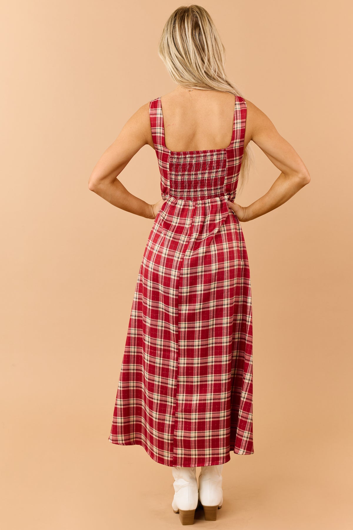 Red Plaid Corset Style Bow Strap Midi Dress