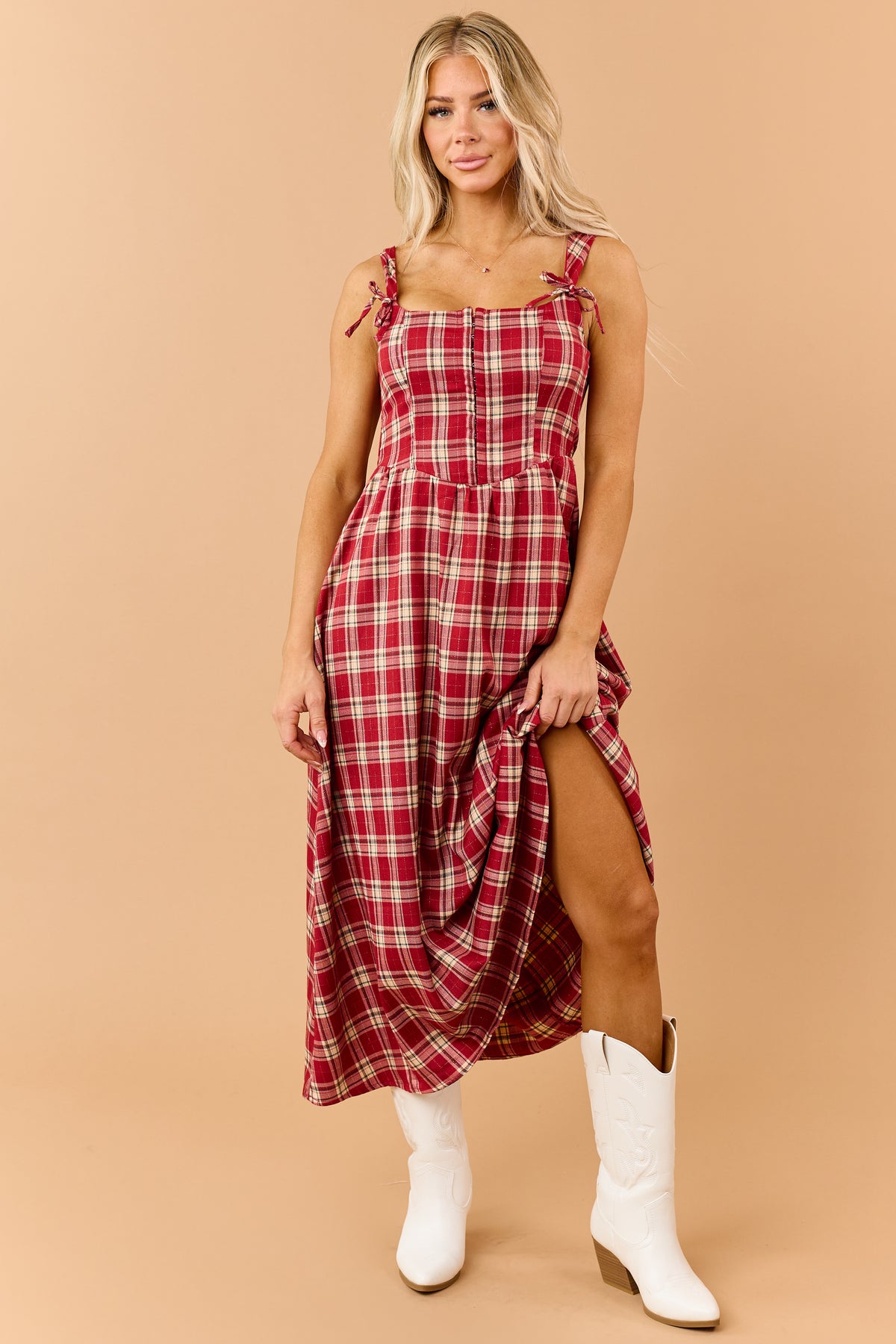 Red Plaid Corset Style Bow Strap Midi Dress