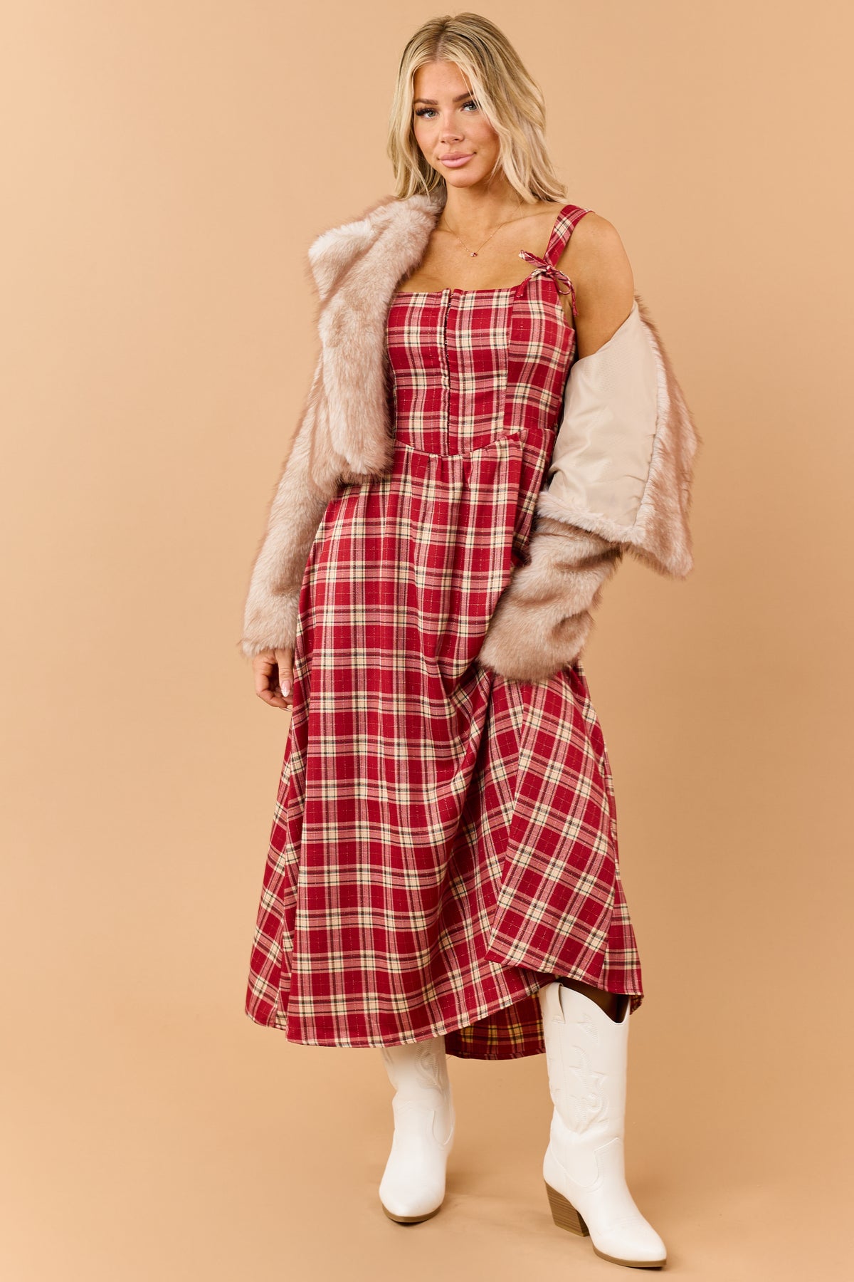 Red Plaid Corset Style Bow Strap Midi Dress