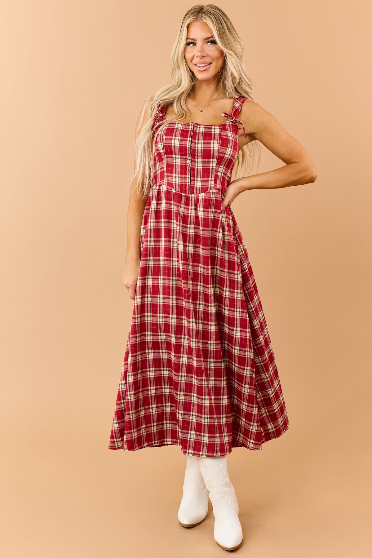 Red Plaid Corset Style Bow Strap Midi Dress