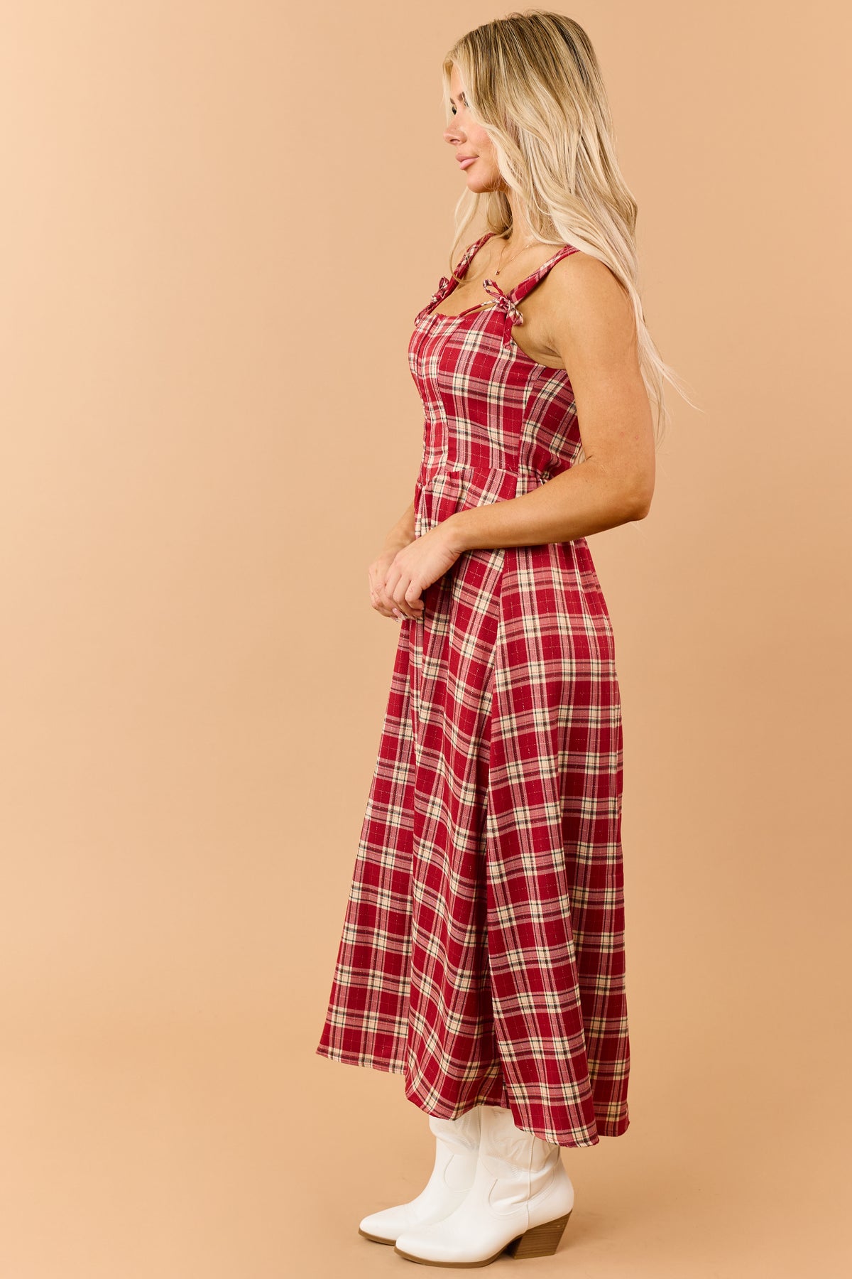 Red Plaid Corset Style Bow Strap Midi Dress