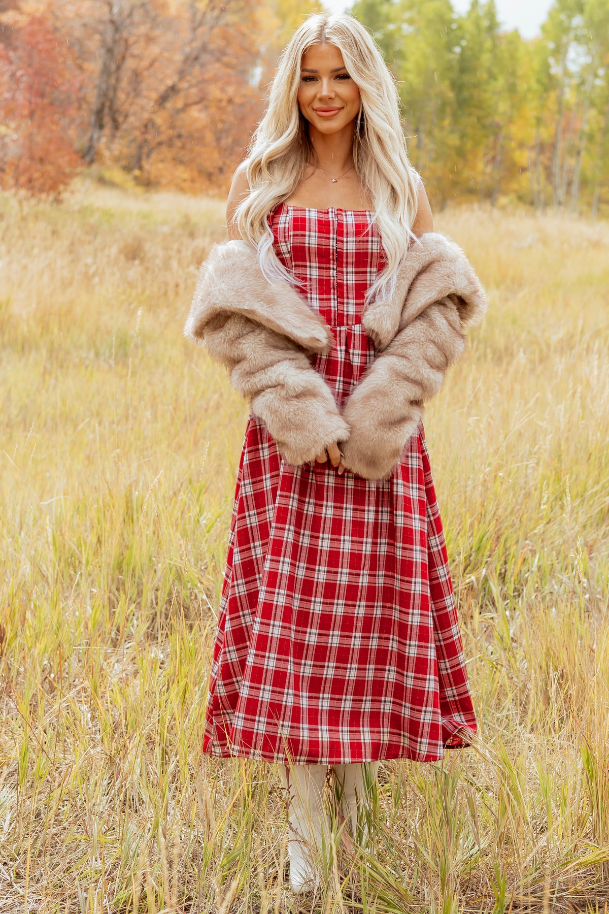 Red Plaid Corset Style Bow Strap Midi Dress