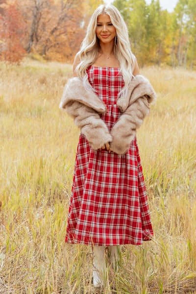 Red Plaid Corset Style Bow Strap Midi Dress