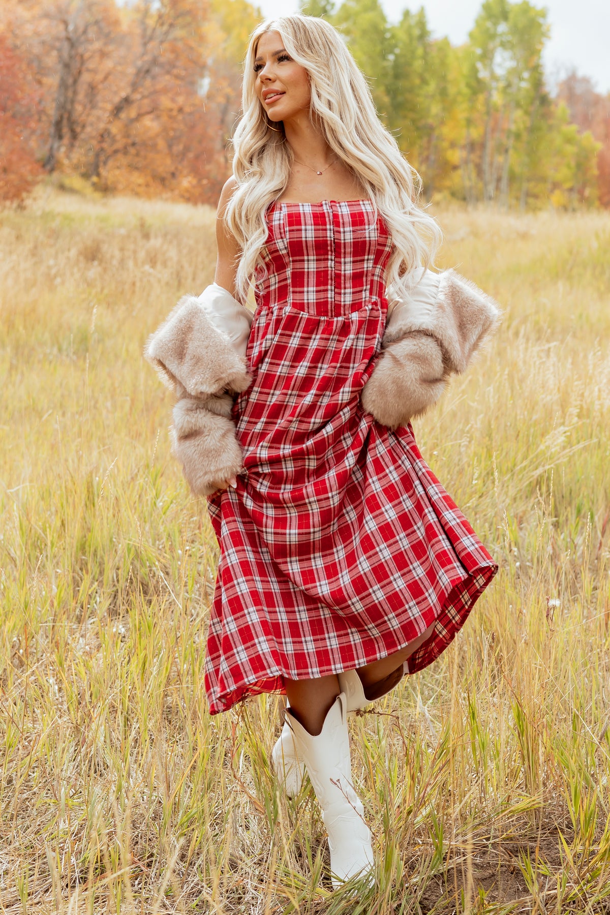 Red Plaid Corset Style Bow Strap Midi Dress