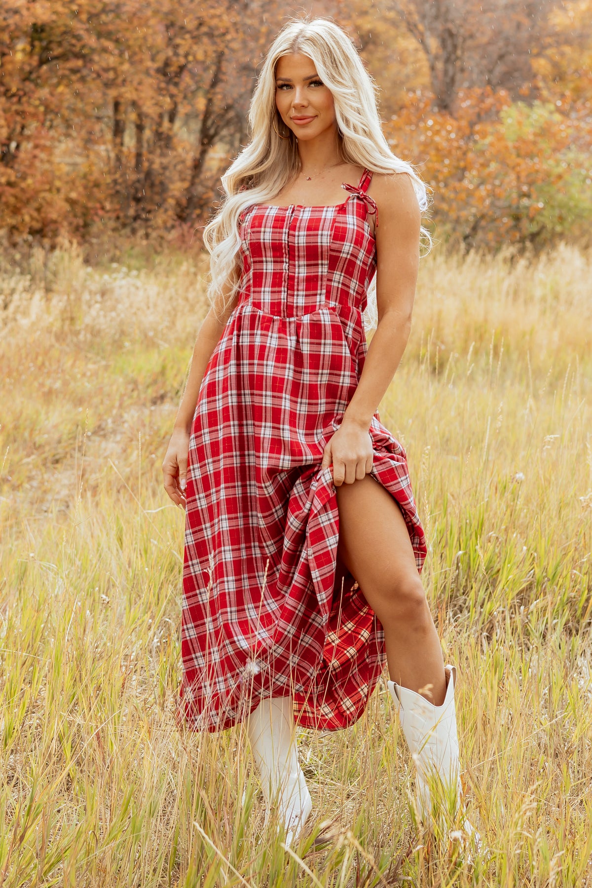 Red Plaid Corset Style Bow Strap Midi Dress