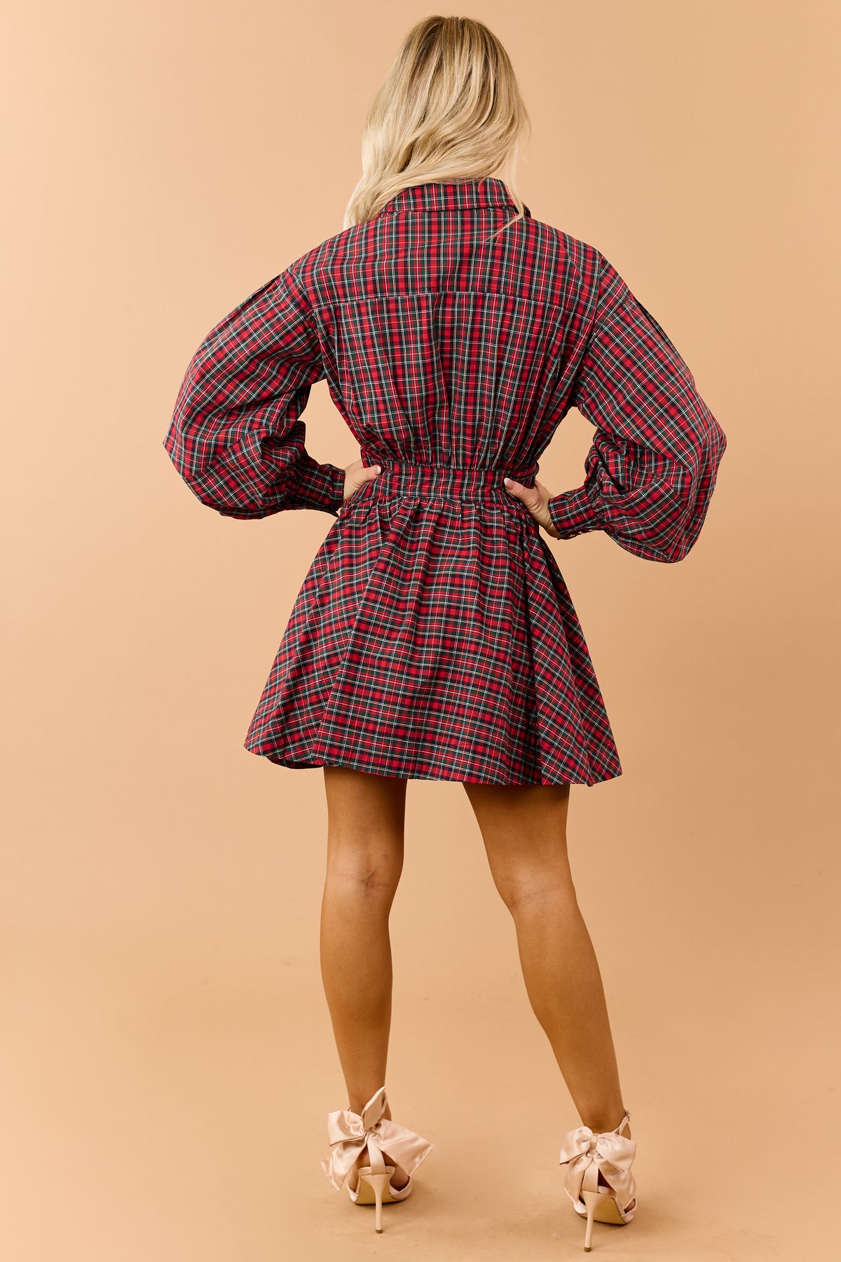 Red Plaid Cotton Side Wrap Long Sleeve Mini Dress