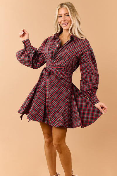 Red Plaid Cotton Side Wrap Long Sleeve Mini Dress