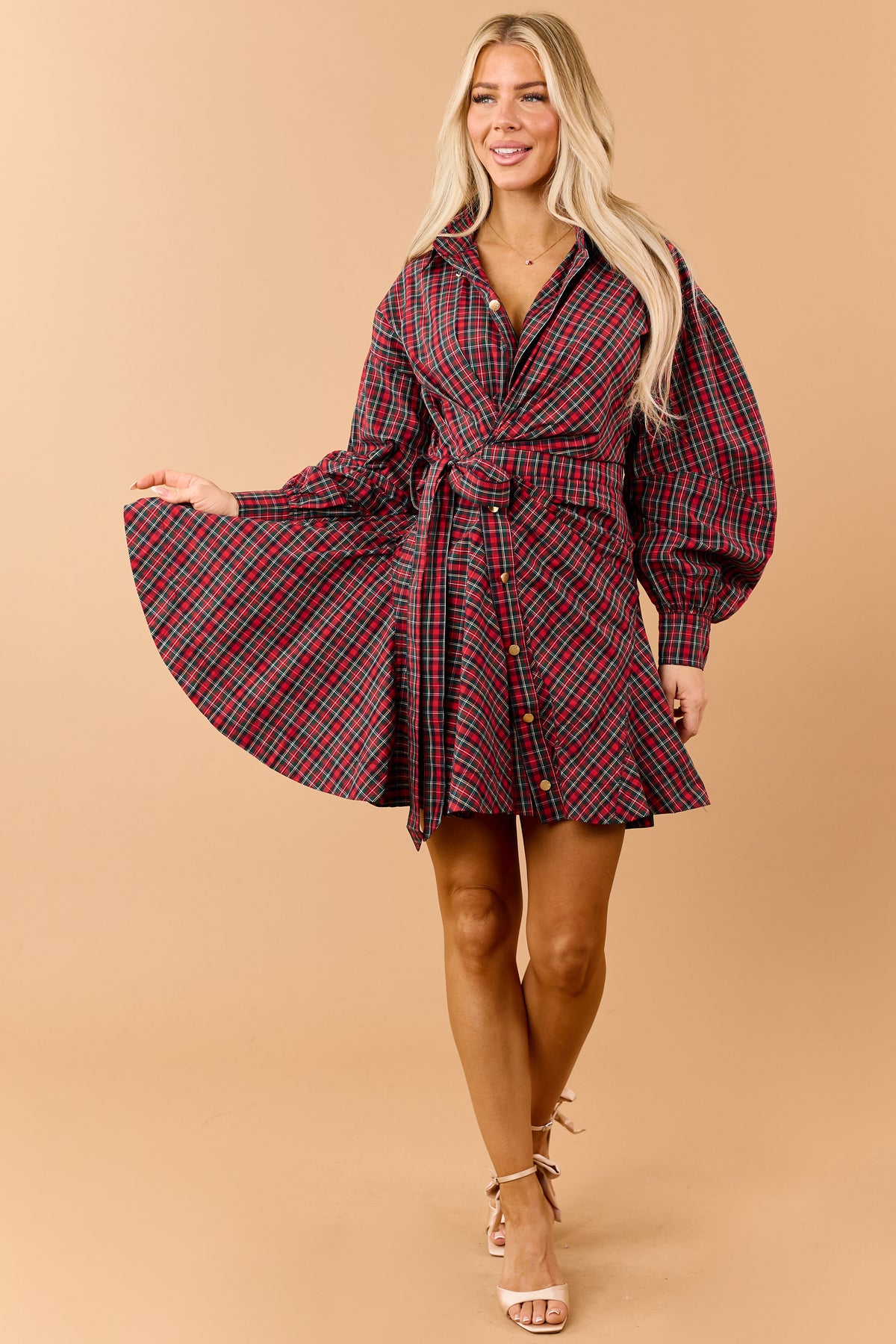 Red Plaid Cotton Side Wrap Long Sleeve Mini Dress