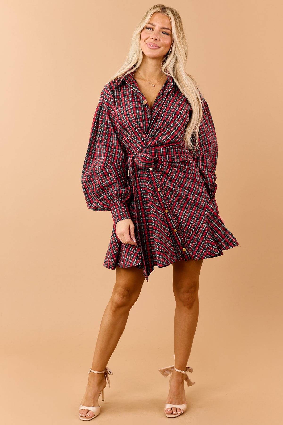 Red Plaid Cotton Side Wrap Long Sleeve Mini Dress