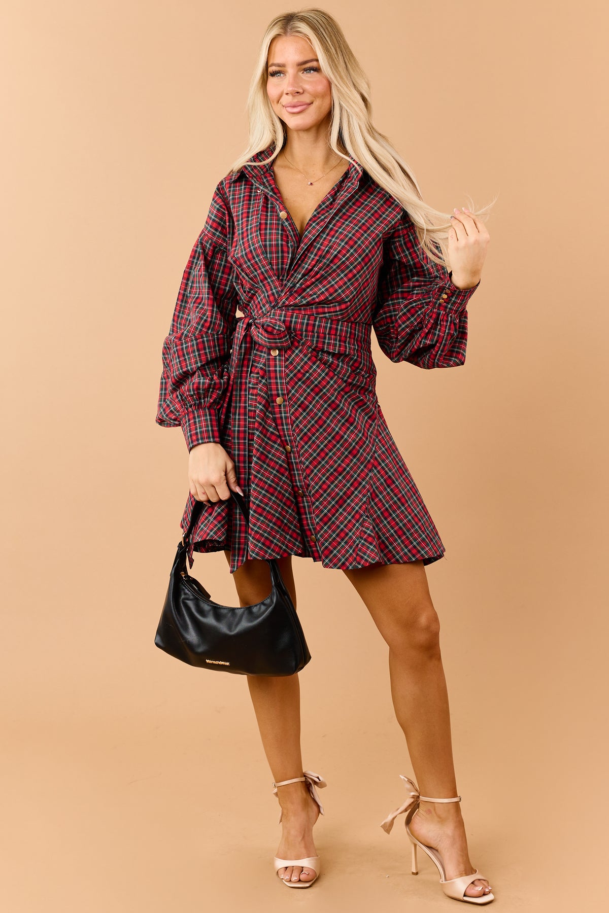 Red Plaid Cotton Side Wrap Long Sleeve Mini Dress
