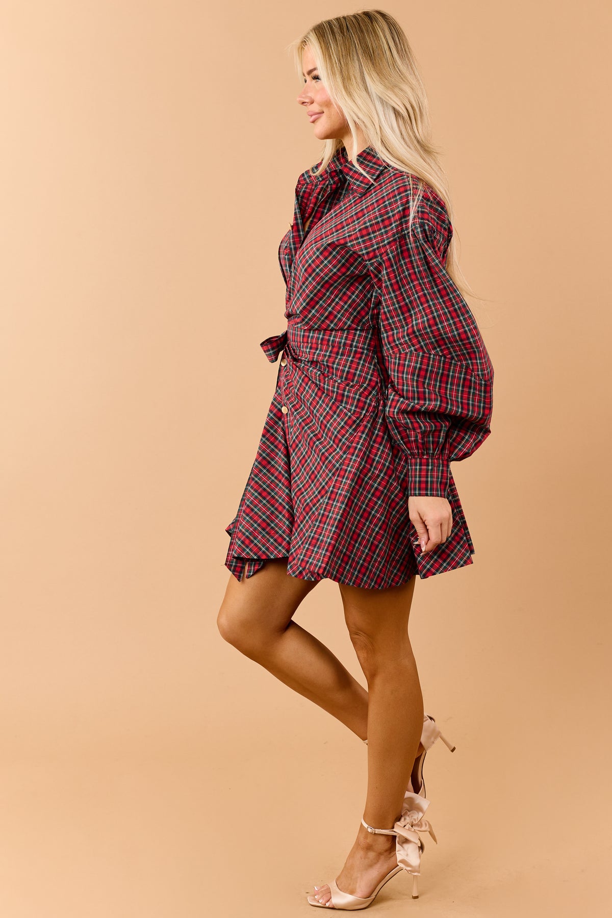 Red Plaid Cotton Side Wrap Long Sleeve Mini Dress