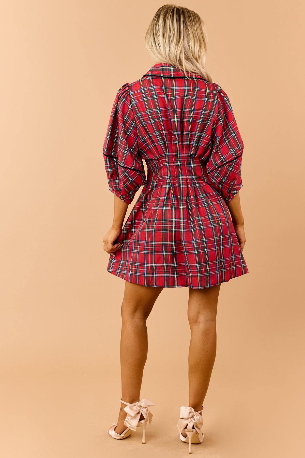 Red Plaid Pleated Waist Button Down Mini Dress