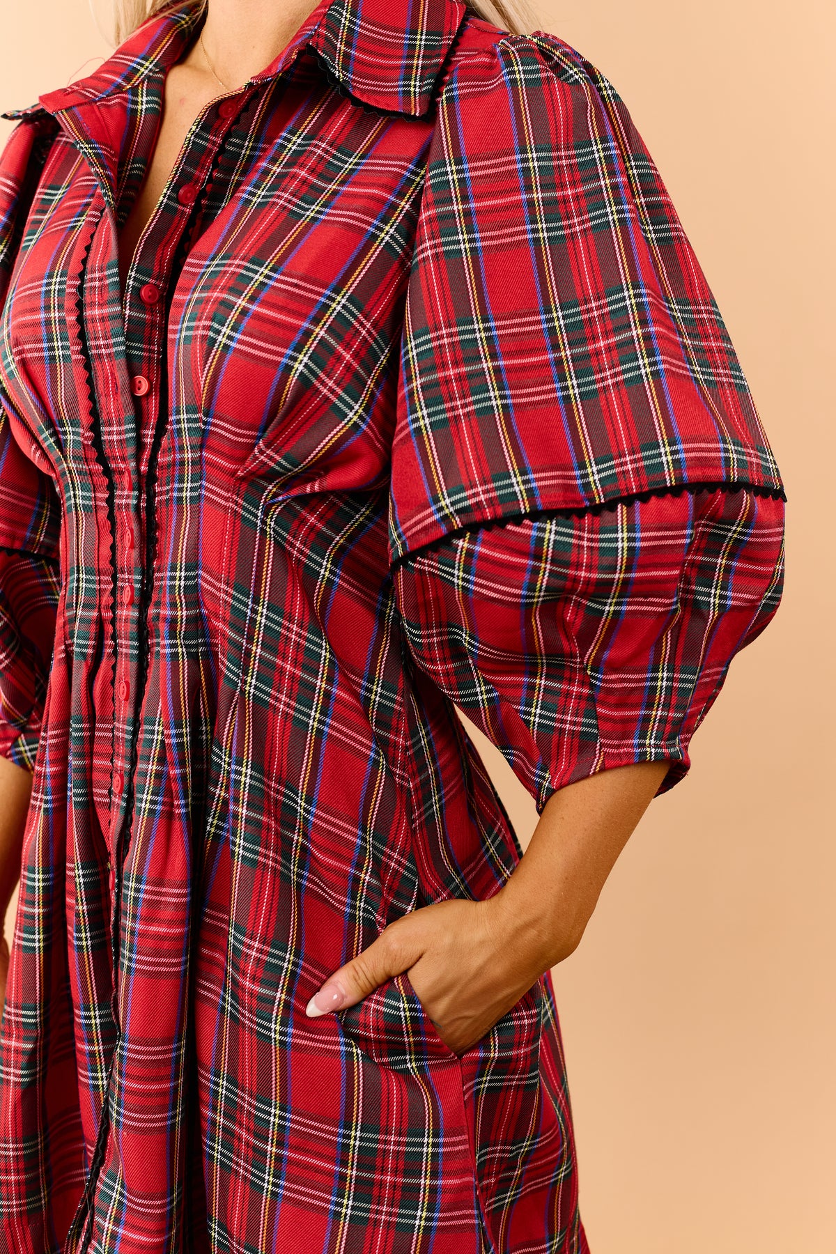 Red Plaid Pleated Waist Button Down Mini Dress