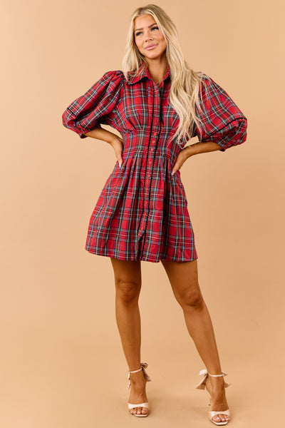 Red Plaid Pleated Waist Button Down Mini Dress