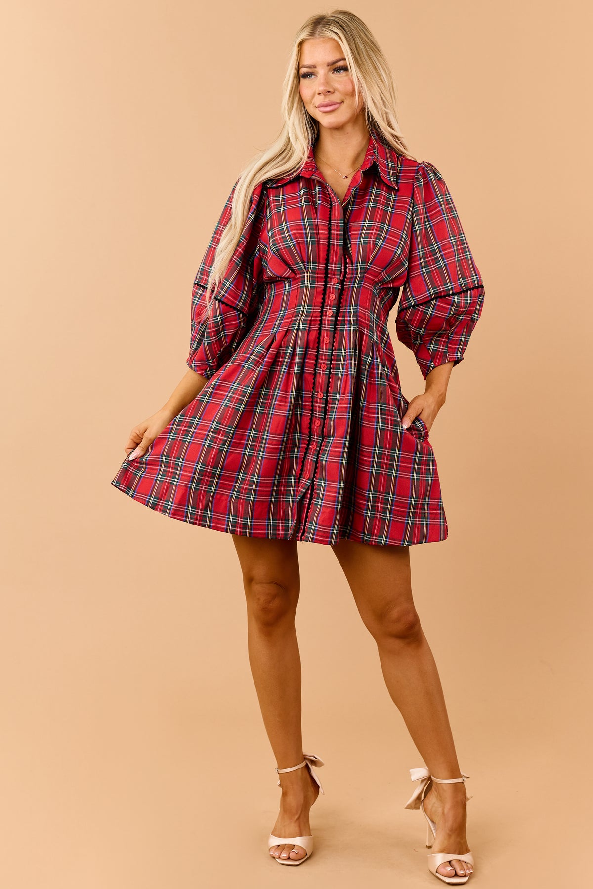 Red Plaid Pleated Waist Button Down Mini Dress