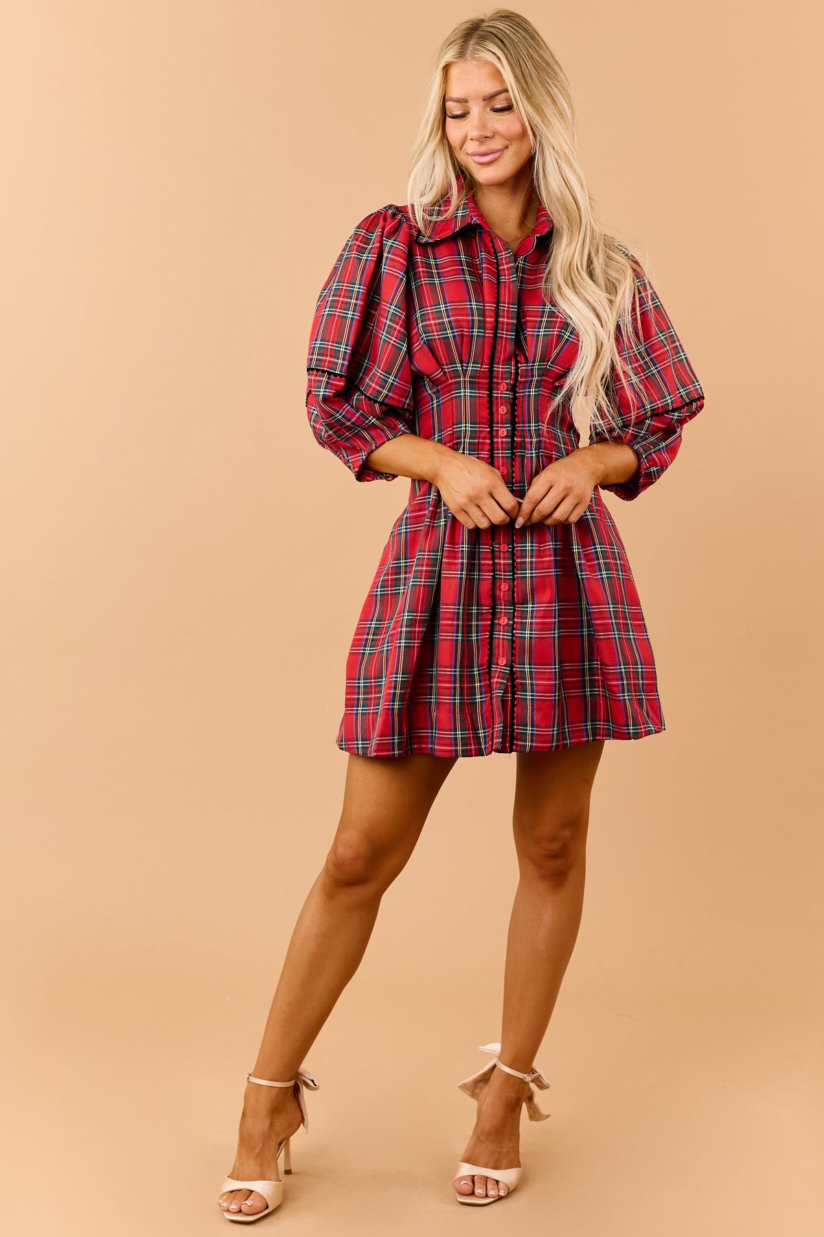 Red Plaid Pleated Waist Button Down Mini Dress