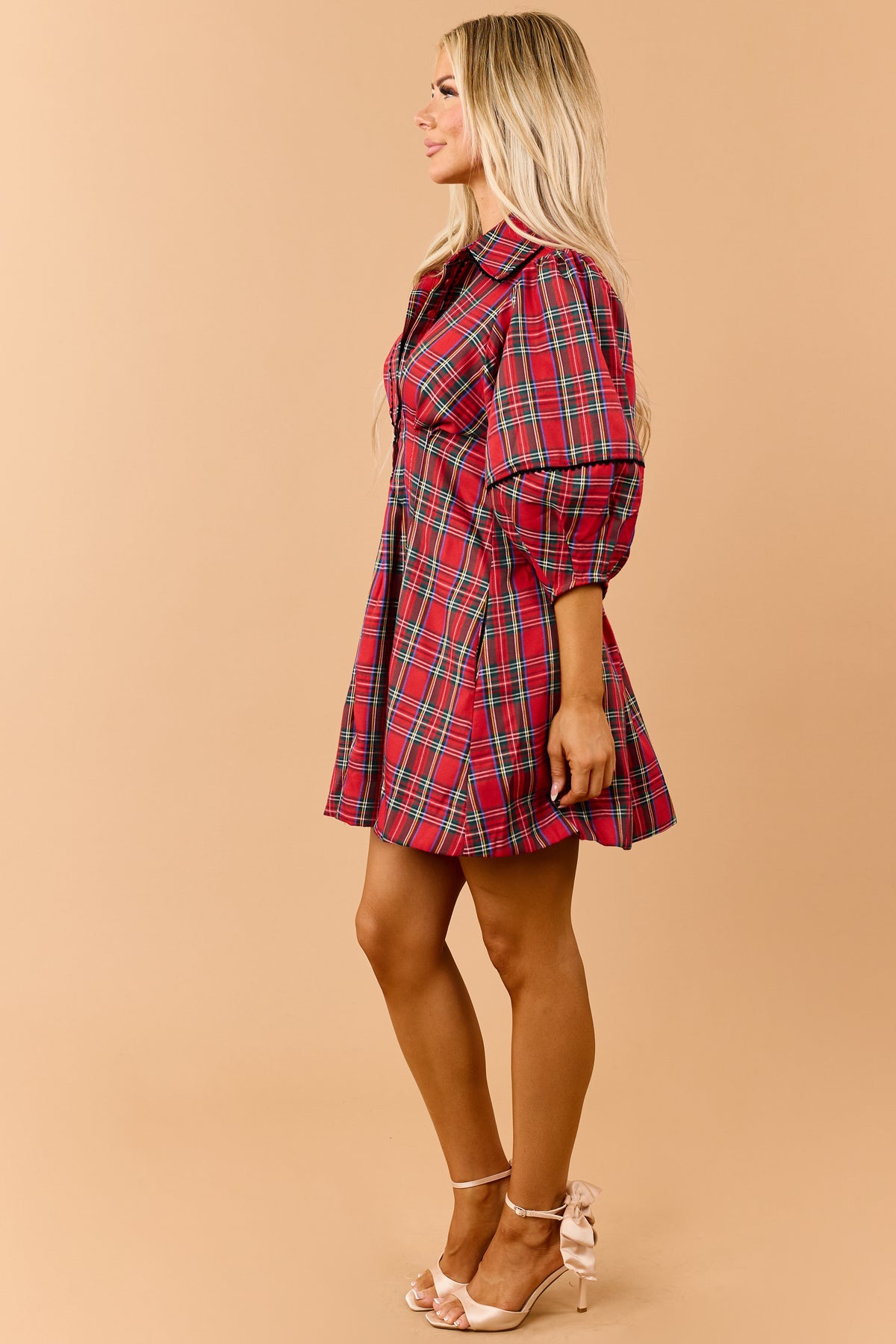 Red Plaid Pleated Waist Button Down Mini Dress