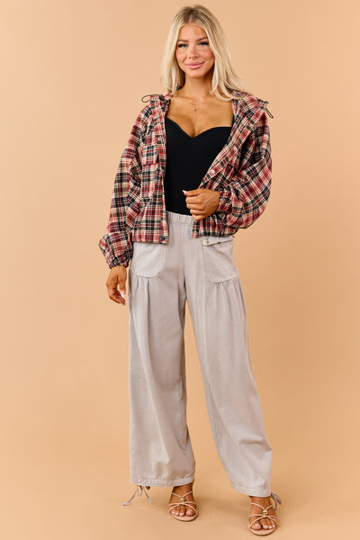 Red Plaid Rhinestone Hooded Button Down Shacket